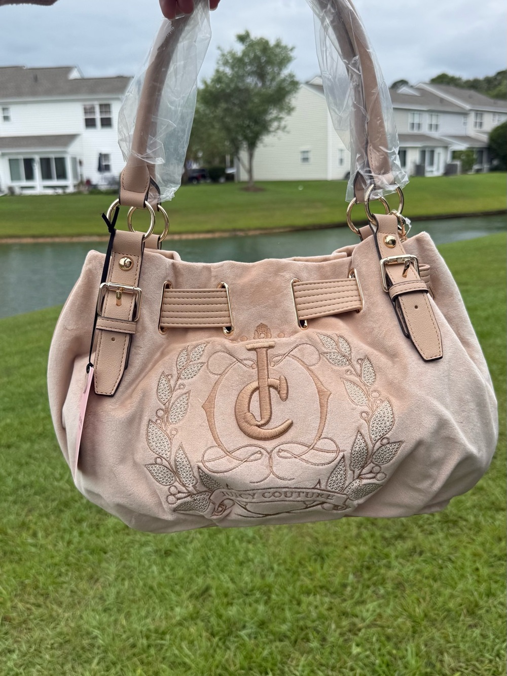 Juicy Couture beige Suede Embroidered Logo Shoulder Bag